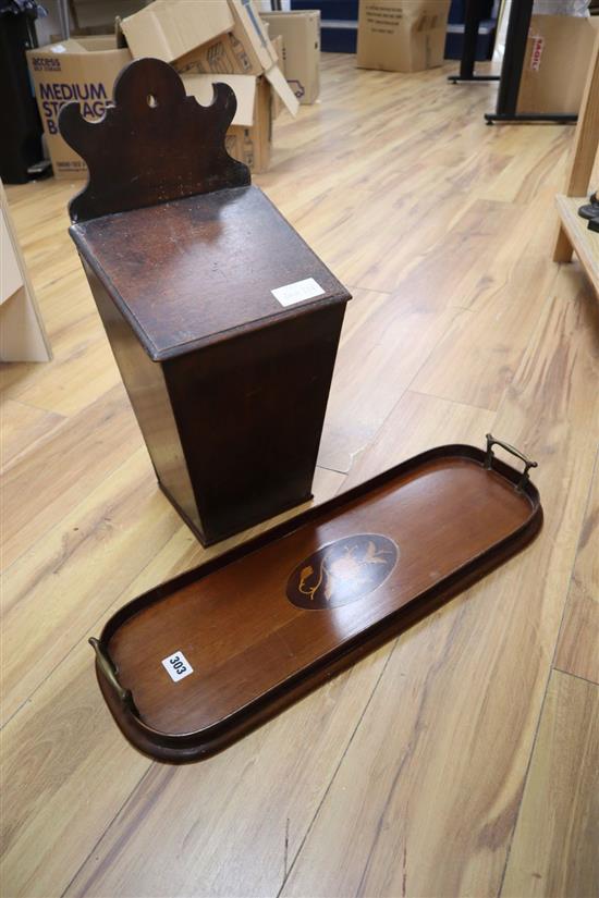 A George III mahogany candle box, height 53cm, and an Edwardian mahogany inlaid tray